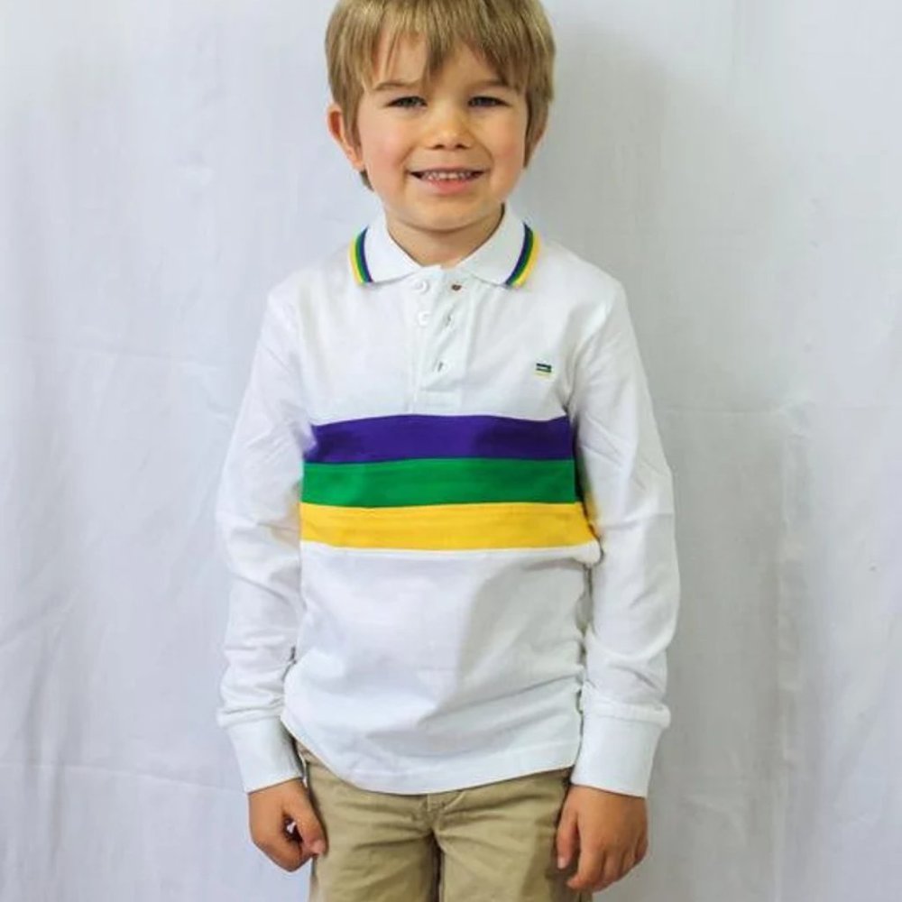 Mardi Gras Kids Long Sleeve Chest Stripe Polo Shirt